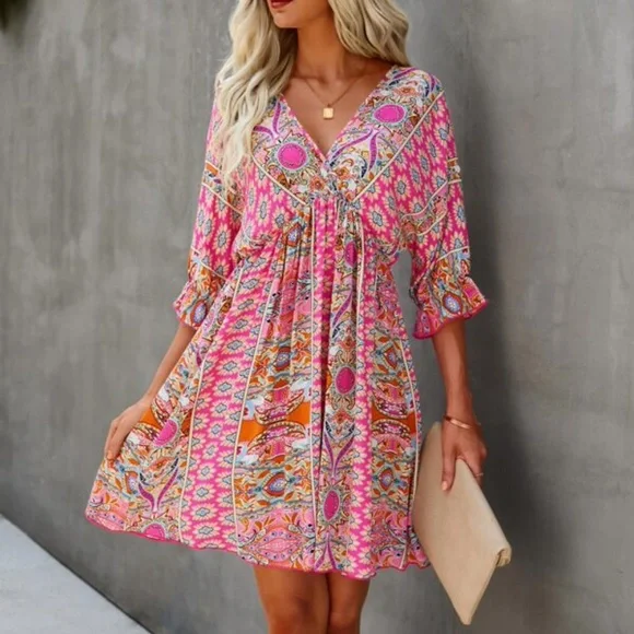 Boho Green Floral Print Ruffle Sleeve Mini Dress Cottagecore - Picture 11 of 13